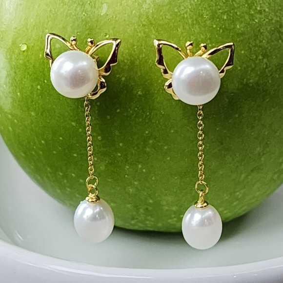 18K Gold Plated Reversible Butterfly With White Freshwater Pearl Dangle Earrings - Picture 6 of 14